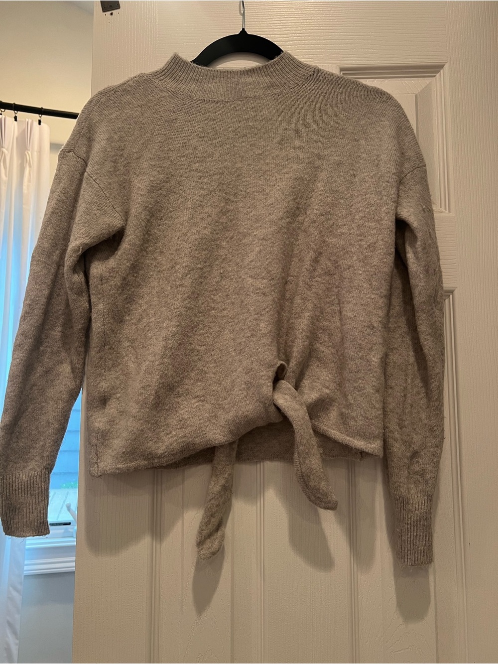 LOFT Light Gray Tie-Front Crewneck Sweater